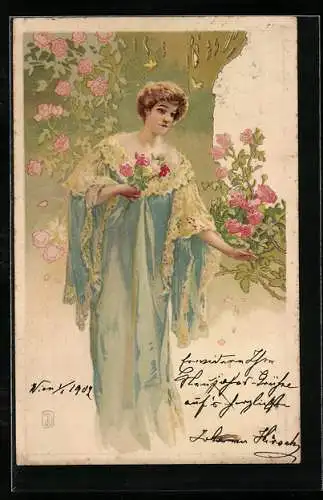 AK Frau elegant gekleidet pflückt Rosen
