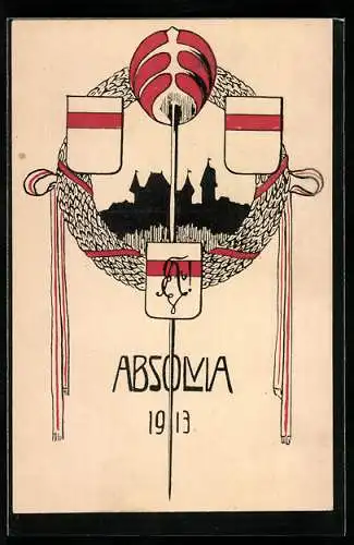 AK Absolvia 1913, Studentenwappen, Schläger, Lorbeerkranz
