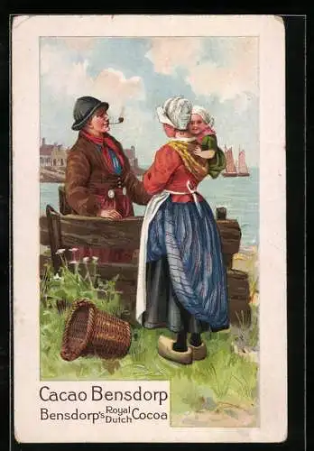 Lithographie Amsterdam, Mutter mit Kind in Trachtenkleidern, Schiffe im Hafen, Cacao Bensdorp