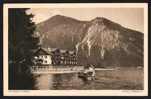 AK Plansee, Hotel Forelle, Boot auf Rundfahrt auf dem See