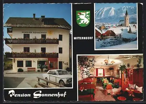 AK Mitterndorf, Hotel-Pension Sonnenhof, Ortsansicht im Winter