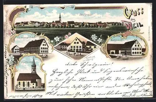 Lithographie Weil / Oberbayern, Gasthaus Probst, Handlung L. Schwarz, Gasthaus Hoi, Kirche, Panorama