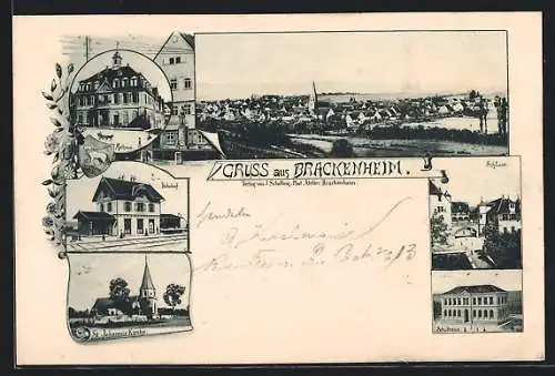 AK Brackenheim, Bahnhof, St. Johannis Kirche, Schloss, Schulhaus, Rathaus