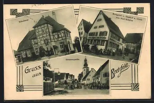 AK Bretzfeld, Schulhaus, Gasthaus & Metzgerei zur Linde, Strassenpartie