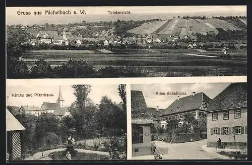 AK Michelbach / Wald, Totalansicht, Altes Schulhaus, Kirche und Pfarrhaus