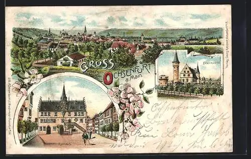 Lithographie Ochsenfurt a. Main, Teilansicht, Rathaus, Bezirksamt