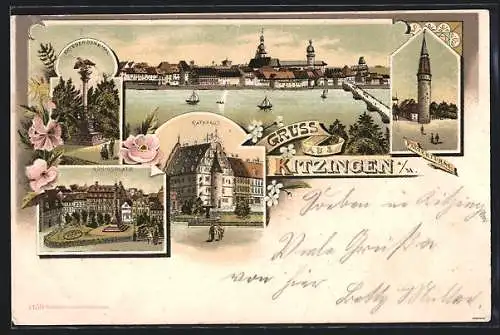 Lithographie Kitzingen a. M., Königsplatz, Rathaus, Falterturm