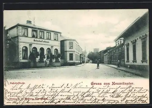 AK Neumünster, Bahnhofstrasse mit Bahnhof`s-Hotel