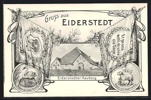 Künstler-AK Eiderstedt, Eiderstedter Hauberg, Wappen der Städte Garding und Tönning