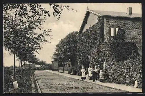 AK Ostenfeld / Husum, Strassenpartie mit A. Saxen`s Geschäftshaus