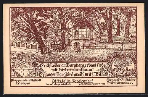 Künstler-AK Erlangen, Bergkrichweih` Gasthaus Erichkeller am Burgberg mit historischem Baum, Wappen der Altstadt