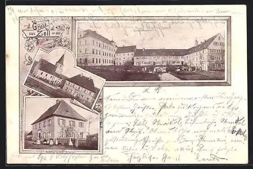 AK Zell an der Roth, Gasthaus von Andr. Scherer, Taubstummenanstalt, Kirche und Pfarrhof