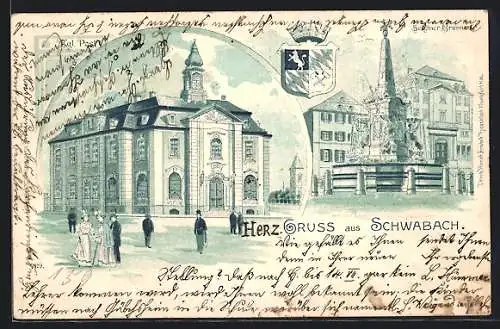 Lithographie Schwabach, Kgl. Post, Schöner Brunnen, Wappen