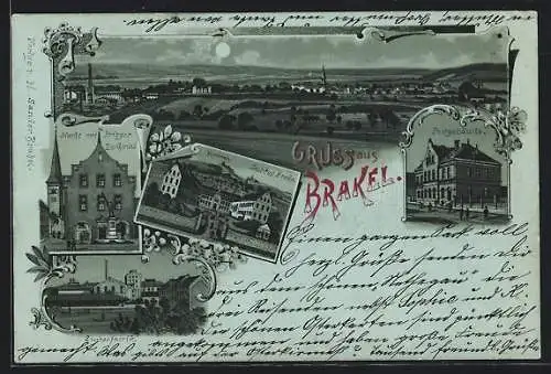 Lithographie Brakel, Markt mit Krieger Denkmal, Zuckerfabrik, Institut Brede, Postgebäude, Ortsansicht