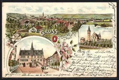 Lithographie Ochsenfurt a. Main, Gesamtansicht, Bezirksamt, Rathaus