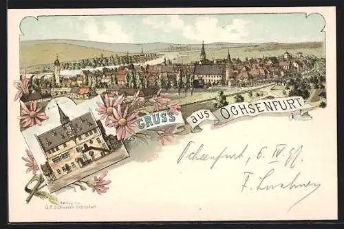 Lithographie Ochsenfurt / Main, Gesamtansicht mit dem Main, Rathhaus