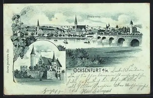 Mondschein-Lithographie Ochsenfurt a. M., Totalansicht und das Kgl. Bezirksamt