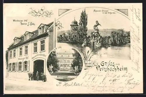 AK Veitshöchheim, Pegasus-Gruppe im kgl. Hofgarten, Schlossportal, Restaurant Würzburger Hof