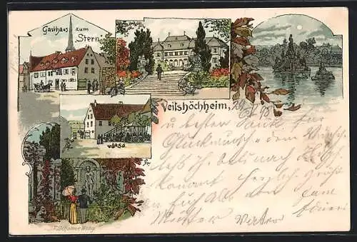 Lithographie Veitshöchheim, Pegasusgruppe, Gasthaus zum Stern, das Schloss