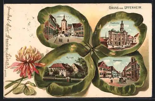 Präge-Lithographie Uffenheim, Ansicht im Glücksklee, Ansbacher Thor, Stadtkirche, Schloss, Marktplatz