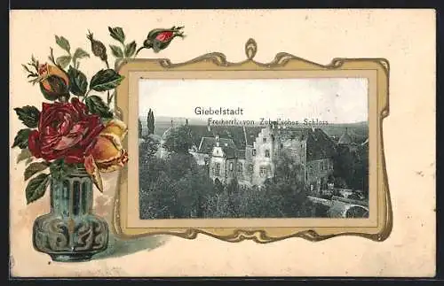 Passepartout-Lithographie Giebelstadt, Freiherrl. von Zobel`sches Schloss, Blumenvase im Passepartout