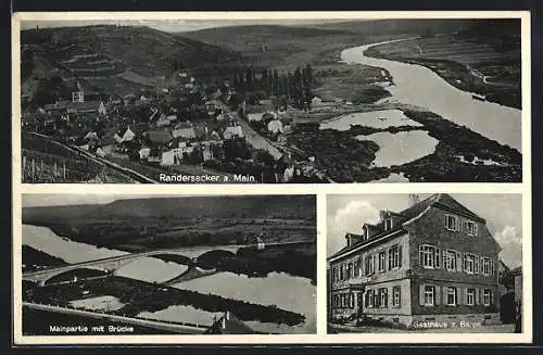 AK Randersacker, Gasthaus Zum Bären von Ignaz Arnold, Mainpartie mit Brücke, Panorama