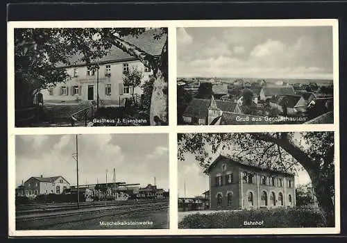 AK Geroldshausen / Mainfranken, Gasthaus z. Eisenbahn, Muschelkalksteinwerke, Bahnhof