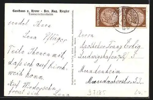 AK Tauberrettersheim, Gasthaus z. Krone, Totalansicht, Tauberbrücke