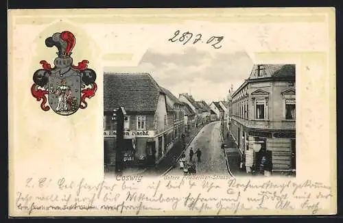 Passepartout-Lithographie Coswig / Anhalt, Untere Friederiken-Strasse, Wappen