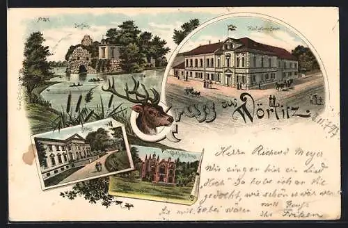 Lithographie Wörlitz, Hotel zum grünen Baum, Schloss, Der Stein