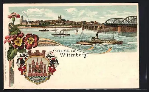 Passepartout-Lithographie Wittenberg / Elbe, Flusspartie mit Dampfern und Stadtansicht, Wappen