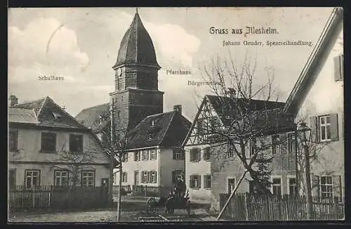 AK Illesheim, Ortspartie mit Schulhaus, Pfarrhaus, Bürgermeister und Spezereihandlung Johann Geuder