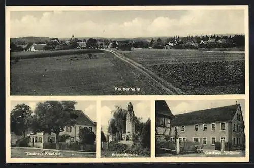 AK Kaubenheim, Gasthaus Kräutlein, Gasthaus Schürmer, Kriegerdenkmal