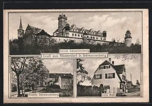 AK Klosterdorf / Schwarzenberg, Villa Ruhl, Schloss und Kloster Schwarzenberg