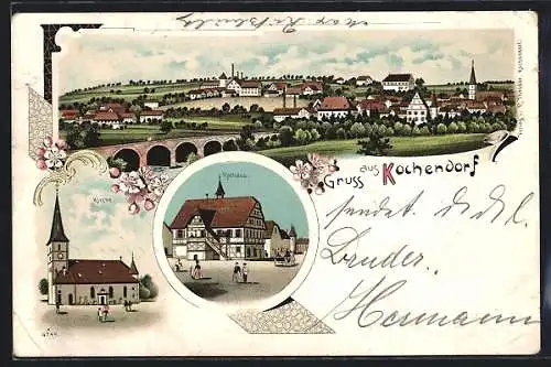 Lithographie Kochendorf / Württ., Gesamtansicht mit Viadukt, Kirche, Rathaus