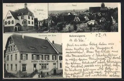 AK Schwaigern, Gesamtansicht, Rathaus, Schloss, Gasthaus zur Rose, Inh. Heinrich Krauss