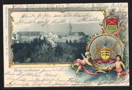 Passepartout-Lithographie Gaildorf, Teilansicht mit Bergpanorama, Wappen mit Putten