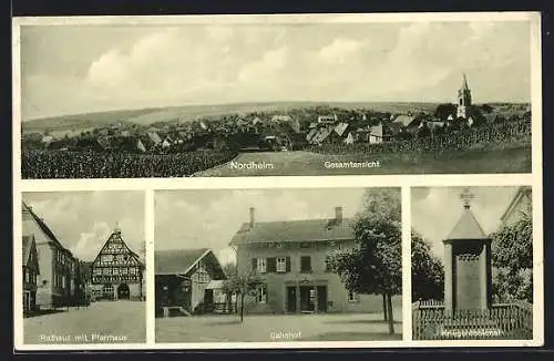 AK Nordheim / Neckar, Rathaus mit Pfarrhaus, Bahnhof, Kriegerdenkmal, Gesamtansicht