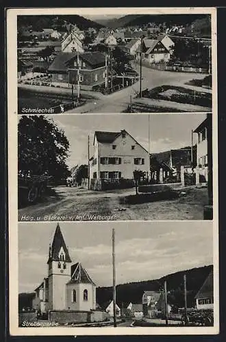 AK Schmiechen / Württ., Handlung und Bäckerei Anton Walburger, Kirche, Ortsansicht