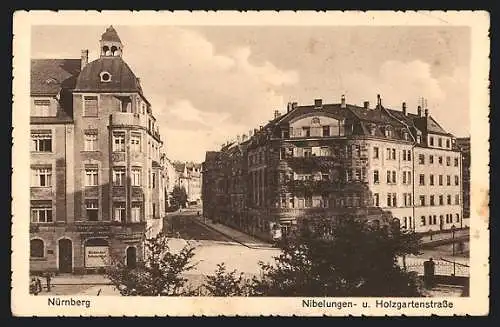 AK Nürnberg, Nibelungen- und Holzgartenstrasse mit Geschäft