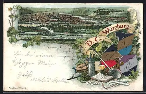 Lithographie Würzburg, Teilansicht, Degen und Wappen