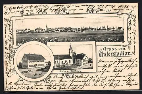 Lithographie Unterstadion, Gasthaus, Kirche und Pfarrhaus, Teilansicht