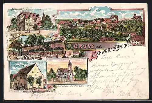 Lithographie Schwarzenbruck, Gasthaus mit Spezereihandlung von Sebastian Reck, Garten, Freiherr Betz`sches Schloss