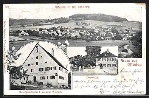 AK Offenbau, Gasthaus Postagentur und Brauerei Weislein, Pfarrhaus, Gesamtansicht mit Eichelberg