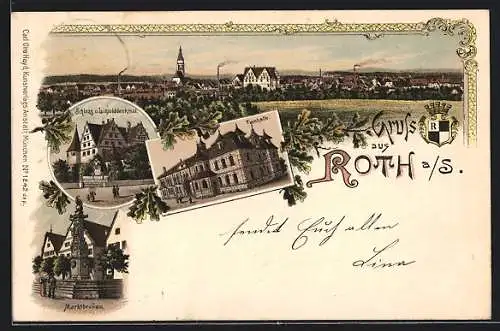 Lithographie Roth a. S., Ortsansicht, Turnhalle, Marktbrunnen