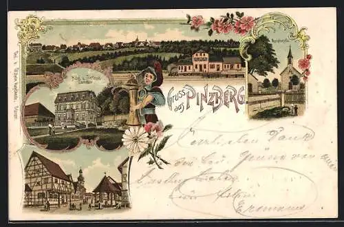 Lithographie Pinzberg, Hotel und Terrasse Zamelzer, Mariakapelle, Bahnhof