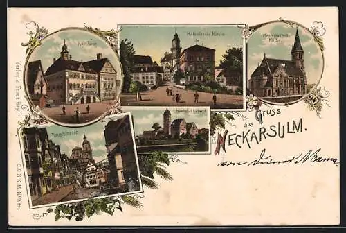 Lithographie Neckarsulm, Katholische Kirche, Rathaus, Hauptstrasse