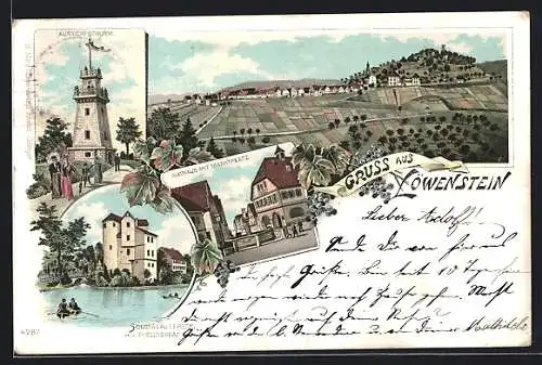 Lithographie Löwenstein / Württ., Aussichtsturm, Schloss Lautereck, Rathaus mit Marktplatz