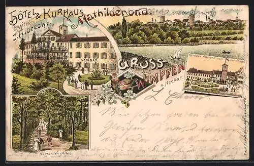 Lithographie Bad Wimpfen, Hotel & Kurhaus Mathildenbad, Kastanien-Allee