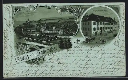 Mondschein-Lithographie Schönthal / Jagst, Gasthaus zur Post, Kloster